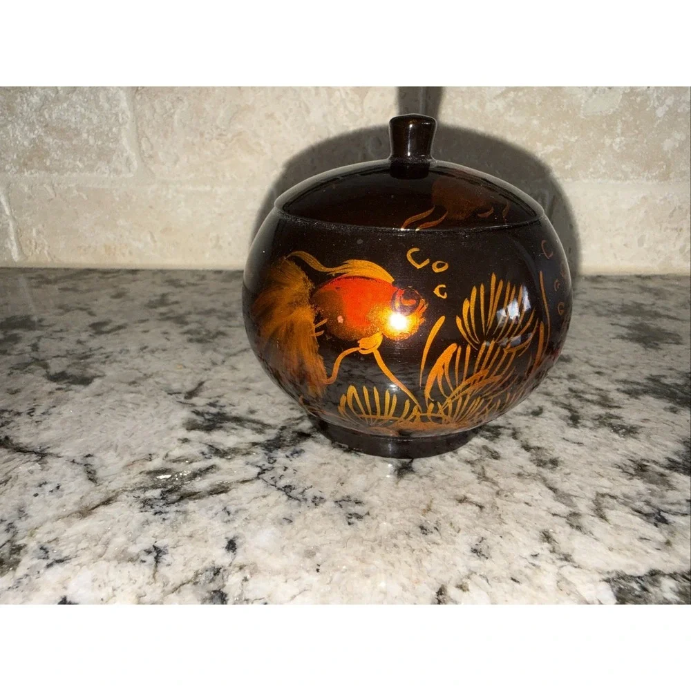 Vtg Asian lacquerware trinket box, hand-painted goldfish in gold,orange on black